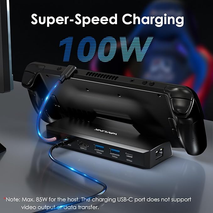 Stacja dokująca Steam Deck WAVLINK 6 w 1 do Steam Deck/ROG Ally/Legion Go z 4K przy 144 Hz HDMI 2.1, 100 W PD IN, 3 x 10G USB 3.2, Gigabit RJ45 | Moc wejściowa 100 W, Gigabit RJ45, 2 x USB-A 10 Gb/s, 1 x USB-C 10 Gb/s, kompatybilna z Steam Deck/ROG Ally - obrazek 4