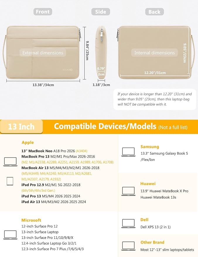 HYZUO 13 Cali Pokrowiec Etui na Laptopa Torbę, Piasek | dla MacBook Air 13 A3449 M5-M1 2026-2018, MacBook Neo 13, MacBook Pro 13 M2 M1, iPad Air/Pro 13, Surface Pro, XPS 13 - obrazek 5