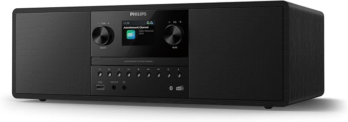 Philips TAM6500/10 Mikrowieża 100 W, Bluetooth 6.0, Auracast, radio DAB+/FM, CD/USB/wejście audio, głośniki Bass‑Reflex, kolorowy wyświetlacz, pilot, plastik pochodzący z recyklingu – czarny
