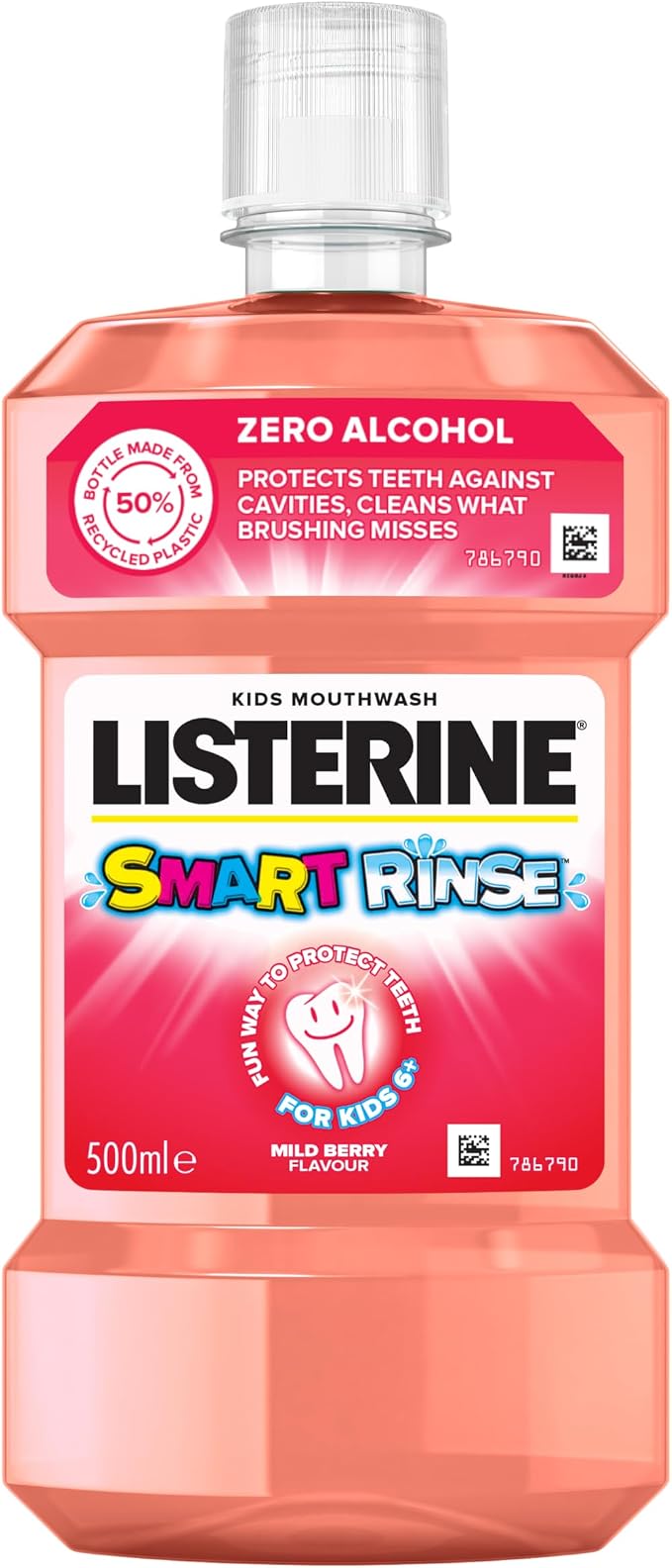 LISTERINE Smart Rinse Berry 500 ml, Płyn do płukania jamy ustnej dla dzieci o łagodnym, owocowym smaku bez alkoholu i cukru, Chroni przed próchnicą, Odpowiedni dla dzieci od 6 roku życia