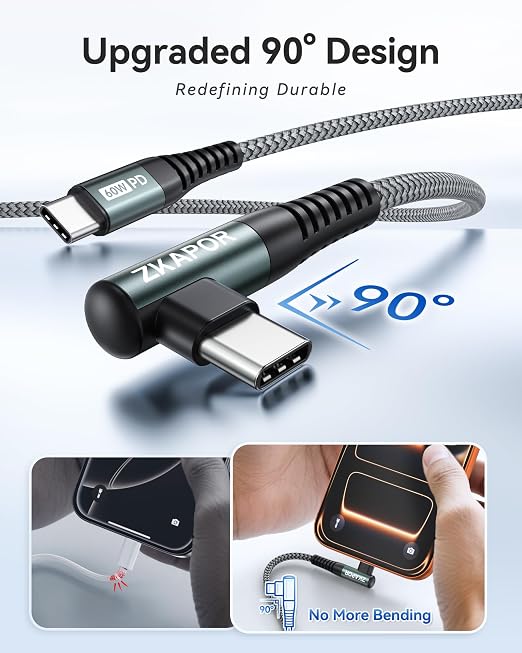 ZKAPOR Krótki kabel USB C na USB C, 30 cm kabel typu C do typu C | kąt prosty 60 W szybkie ładowanie do iPhone'a 15/15 Pro Max, Samsung Galaxy S23, Pad Pro, Air, Huawei P40 / Mate 60, Pixel - obrazek 3