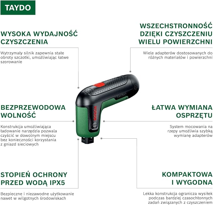 Bosch TAYDO Akumulatorowa szczotka elektryczna (UniversalBrush 4V) (z kompletnym zestawem 12 akcesoriów i miękką torbą, w opakowaniu kartonowym) - obrazek 4