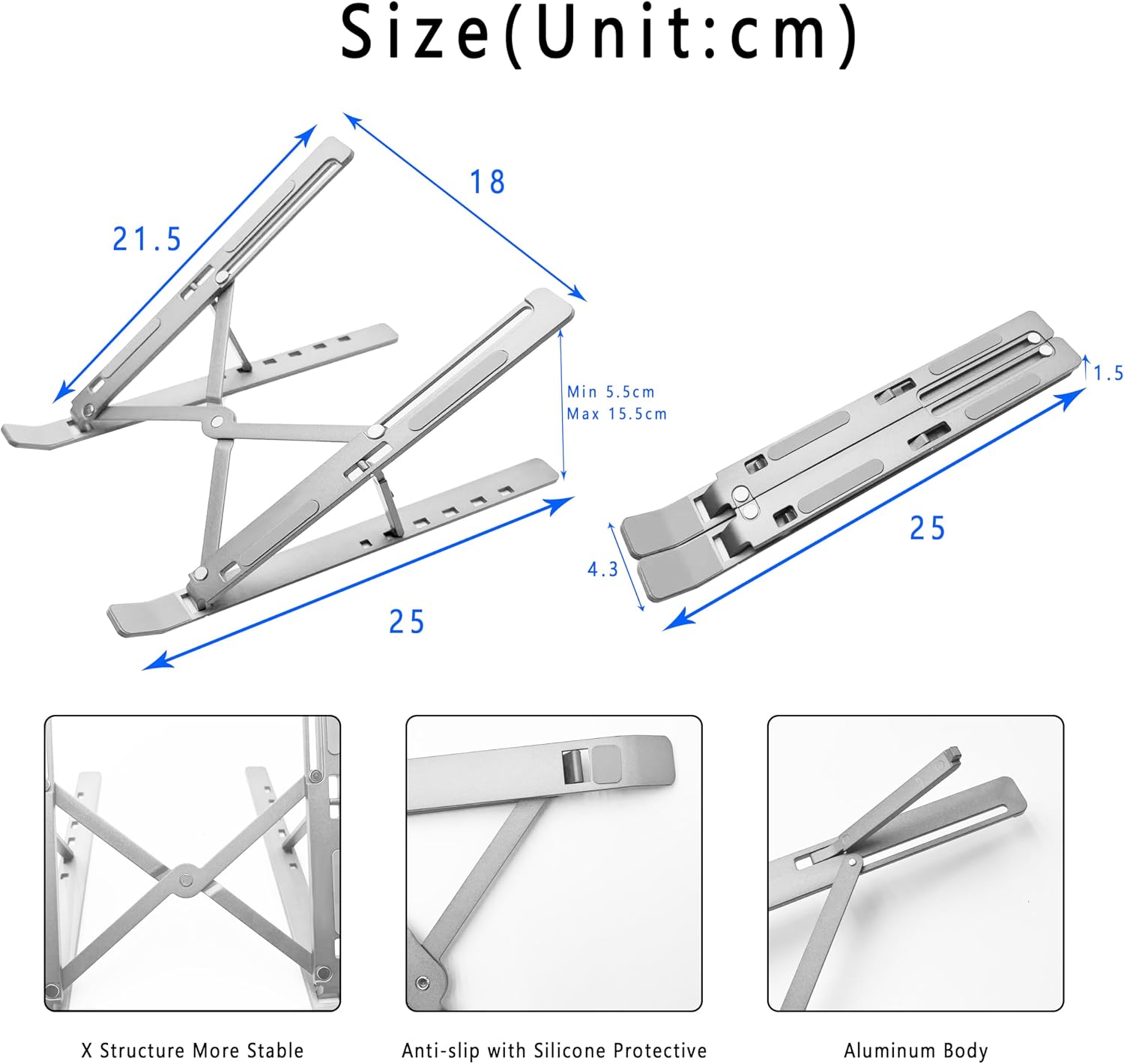 AiTodos® Stojak na Laptopa, Regulacja 6 Kątów, Srebrna | Stop Aluminium, Do Laptopów 10-16", Antypoślizgowa & Chłodzenie, Poprawa Postawy, Do Biura & Podróży, z Etui - obrazek 3