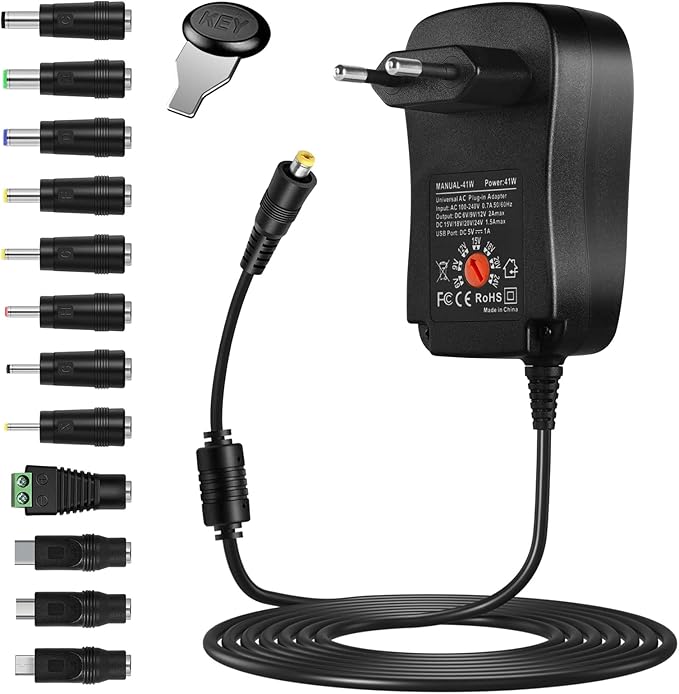 AXFEE Uniwersalna ładowarka 41W z 12 końcówkami, zasilacz 6V 9V 12V 15 V 18 V 20 V 24 V do PC, laptopa, routera, drukarki, skanera, faksów, TFT