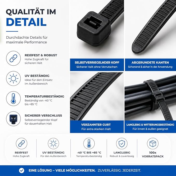 Zestaw 100 czarnych opasek kablowych - Krótkie i długie - Zamek błyskawiczny - Odporne na rozerwanie i promieniowanie UV - Różne długości (250 mm x 4,8 mm) - obrazek 5