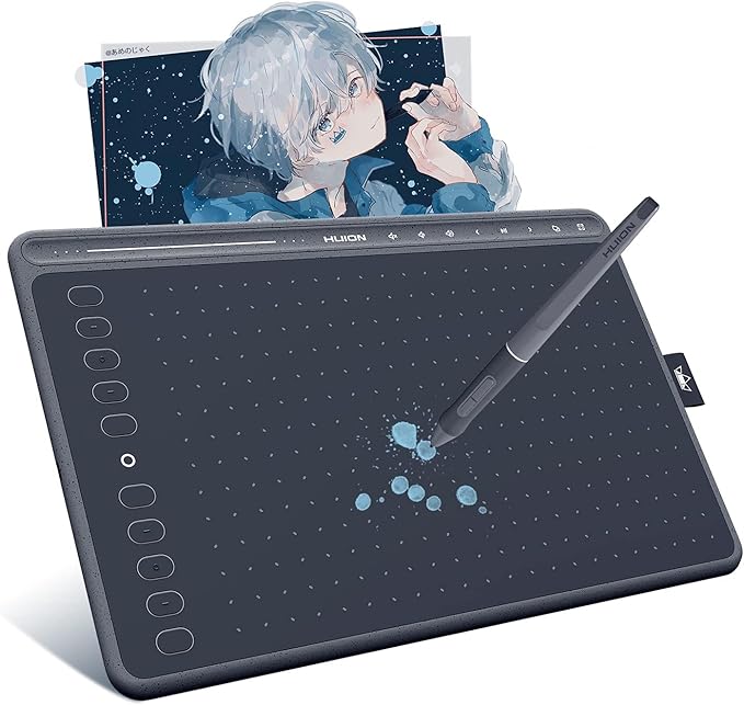 HUION 2020 HS611 Tablet graficzny, profesjonalny tablet do rysowania, rysik cyfrowy PW500 bez baterii, z przyciskami dotykowymi do multimediów (odgrywanie muzyki), łączność OTG, szary (Space Grey)