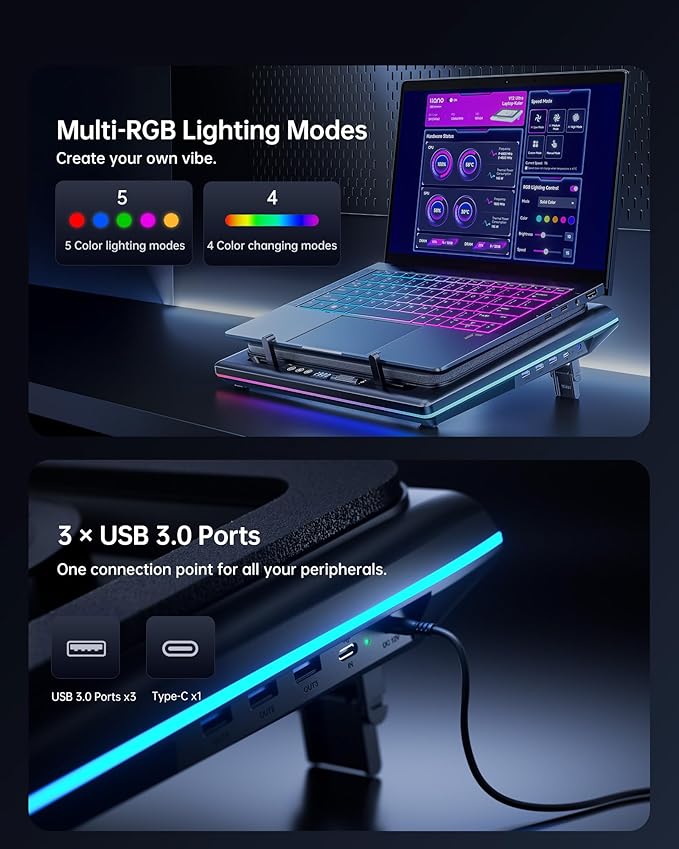llano V12 Ultra Chłodzenie Laptop z Inteligentną Kontrolą Oprogramowania, Podstawka Chłodząca z Wentylatorem RGB do Laptopa Gamingowego, Wentylator Turbo 5.5", 3 Porty USB 3.0 do Laptopów 15.6"-19" - obrazek 7