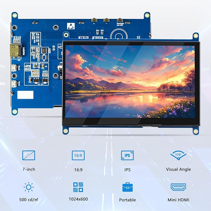 Mini 7-calowy monitor HDMI, przenośny monitor IPS, wyświetlacz LCD 1024 × 600, kąt widzenia 178 °, mały mini wyświetlacz dla Raspberry Pi 5, Pi 4, laptopa - obrazek 6