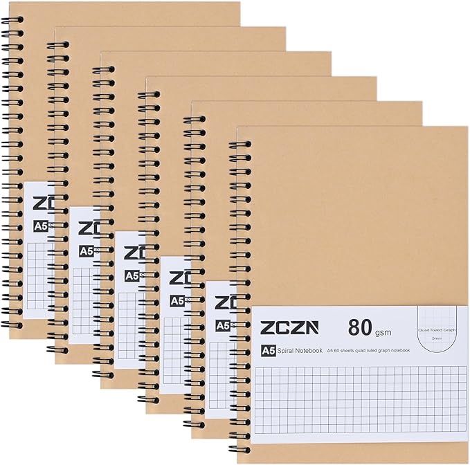 ZCZN Notatnik w kształcie kwadratu A5, 6-pak notatników spiralnych, papier w kratkę 5 mm, 120 stron/60 arkuszy