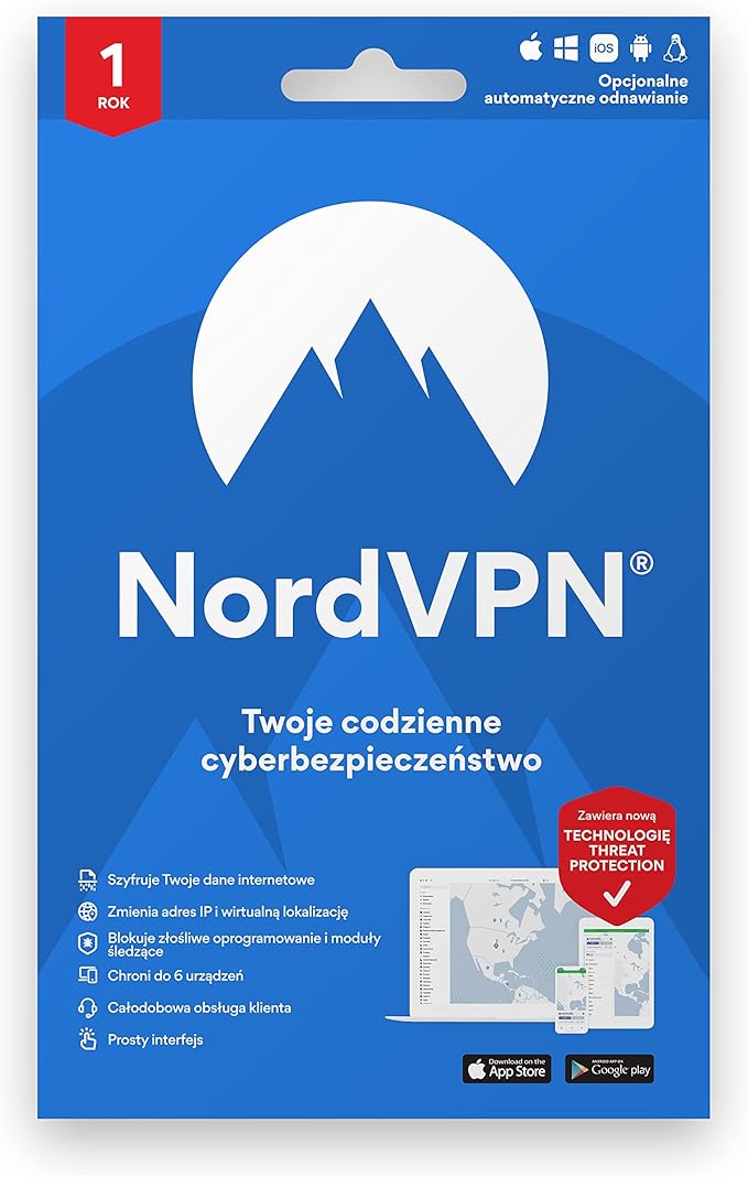 Roczna subskrypcja NordVPN Standard,oprogramowania zapewniającego ochronę w internecie dla 6 urządzeń – chroń dane osobowe oraz blokuj złośliwe oprogramowanie, niebezpieczne linki i reklamy
