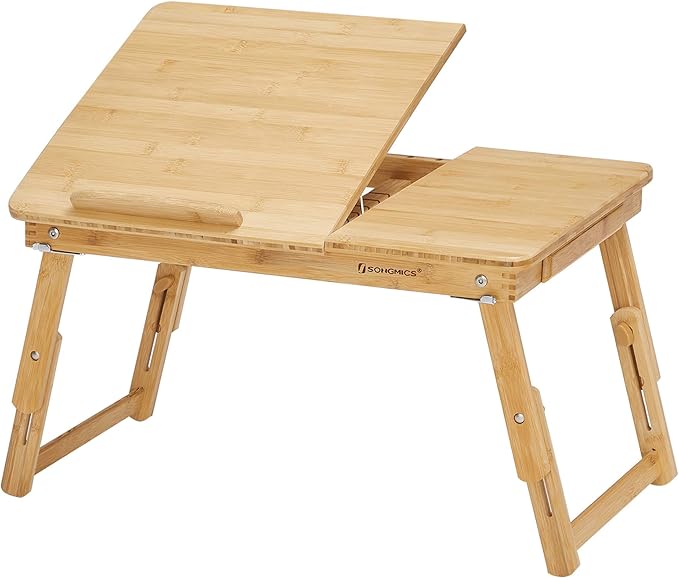 SONGMICS Regulowany stolik pod laptopa, z szufladą, składany, bambusowy | Stolik pod notebooka, do czytania lub śniadania i stół do rysowania, 55 x (21-29) x 35 cm, BAMBOU LLD01N