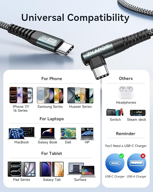 ZKAPOR Krótki kabel USB C na USB C, 30 cm kabel typu C do typu C | kąt prosty 60 W szybkie ładowanie do iPhone'a 15/15 Pro Max, Samsung Galaxy S23, Pad Pro, Air, Huawei P40 / Mate 60, Pixel - obrazek 7