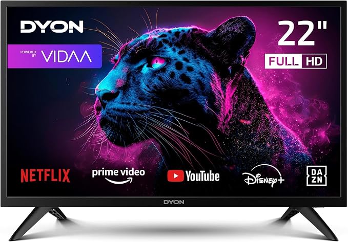 DYON Movie Smart 22 VX, 22", Full HD, Smart TV, potrójny tuner HD (DVB-C/-S2/-T2), App Store, Netflix, Prime Video, YouTube, DAZN, Disney+, waipu.tv, tryb hotelowy