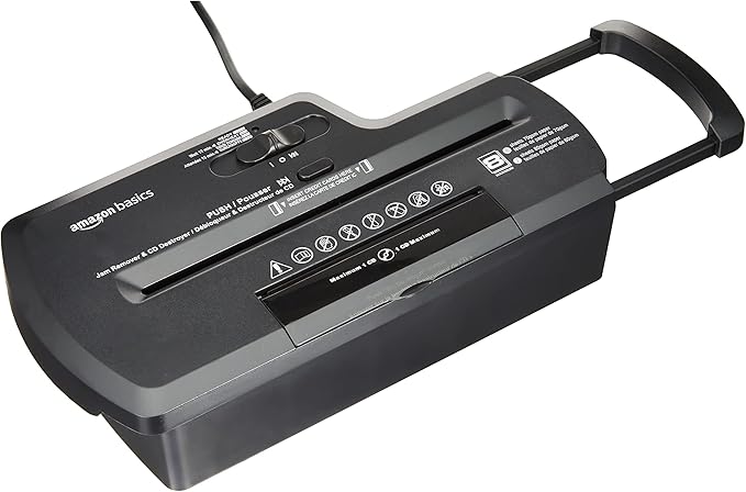 Amazon Basics Niszczarka do dokumentów, cięcie w paski, niszczarka CD, 7-8 arkuszy, czarna - obrazek 5
