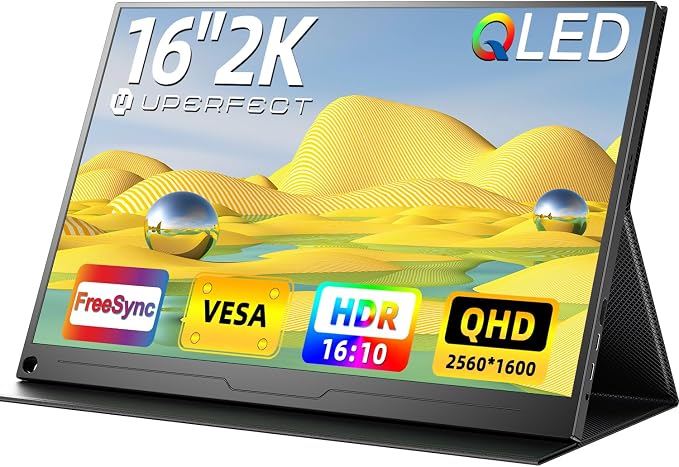 UPERFECT Przenośny monitor 16", 2,5 K QLED, 2560 x 1600, 1200:1, wysoki współczynnik kontrastu, 400 nitów, ekran QHD, HDMI USB C, do komputera, laptopa, telefonu komórkowego, Xbox Switch PS4/5