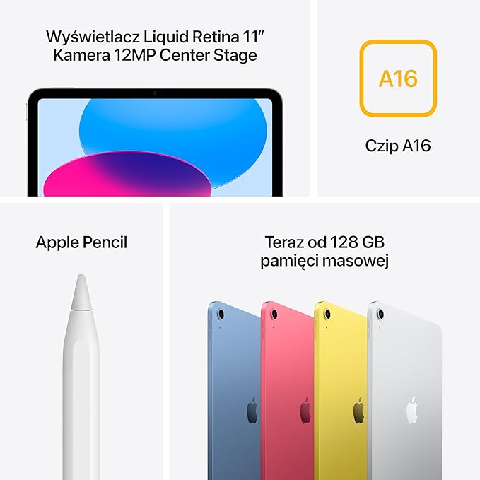 Apple iPad z czipem A16: wyświetlacz Liquid Retina 11 cali, 128 GB, Wi‑Fi 6, przednia kamera 12 MP/tylny aparat 12 MP, Touch ID, bateria na cały dzień – srebrny - obrazek 6