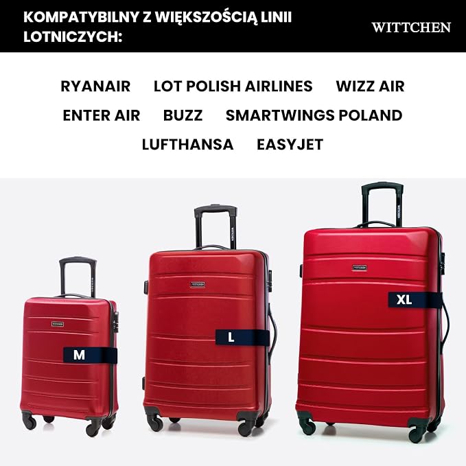 WITTCHEN GLOBE Line Średnia walizka Bagaż podróżny Lekka walizka Twardy bagaż ABS 4 kółka Zamek szyfrowy Uchwyt teleskopowy Rozmiar M Czerwony - obrazek 7