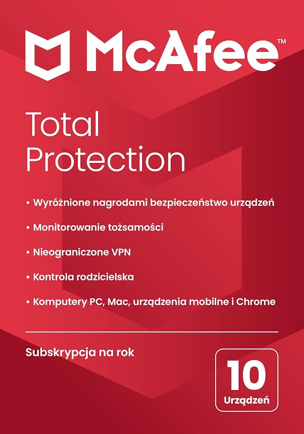 McAfee Total Protection 2024 | 10 urządzeń | Oprogramowanie antywirusowe zapewniające bezpieczeństwo w sieci | Roczna subskrypcja | Dostawa pocztą | Standard