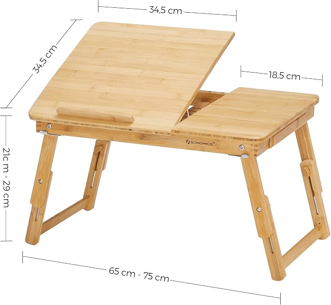 SONGMICS Regulowany stolik pod laptopa, z szufladą, składany, bambusowy | Stolik pod notebooka, do czytania lub śniadania i stół do rysowania, 55 x (21-29) x 35 cm, BAMBOU LLD01N - obrazek 4