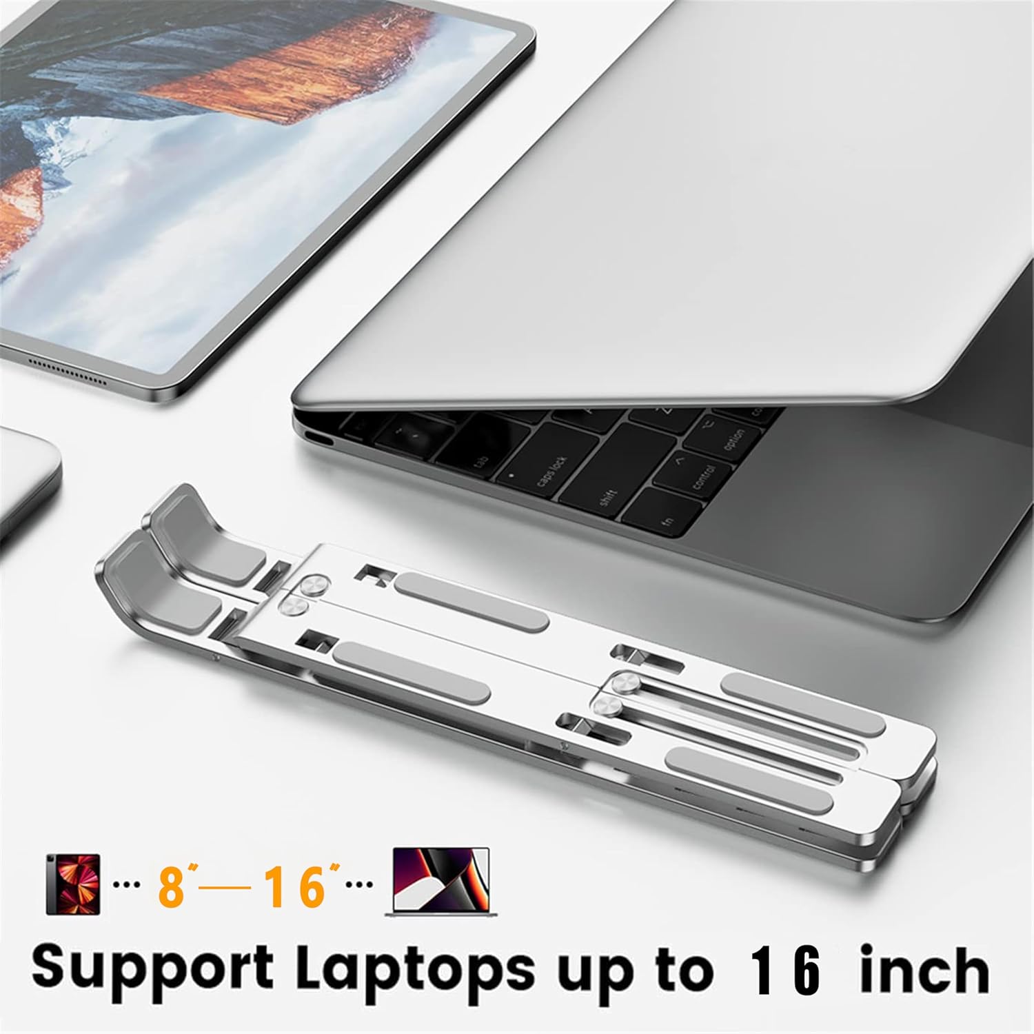 AiTodos® Stojak na Laptopa, Regulacja 6 Kątów, Srebrna | Stop Aluminium, Do Laptopów 10-16", Antypoślizgowa & Chłodzenie, Poprawa Postawy, Do Biura & Podróży, z Etui - obrazek 6