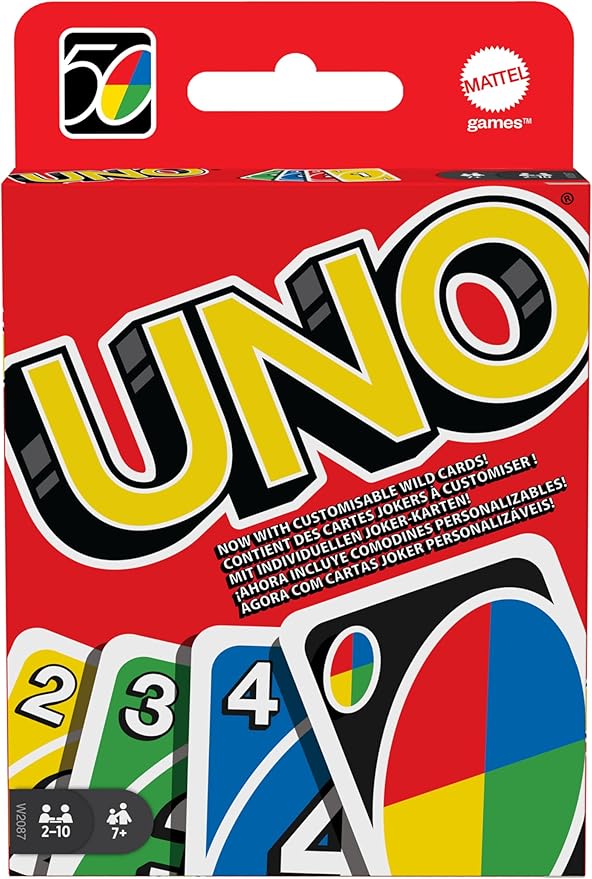 Mattel Games UNO Gra karciana, 7+, 2-10 graczy | Klasyczna gra UNO polegająca na dopasowywaniu kolorów i liczb dla dzieci, nastolatków i na rodzinny wieczór gier, W2087