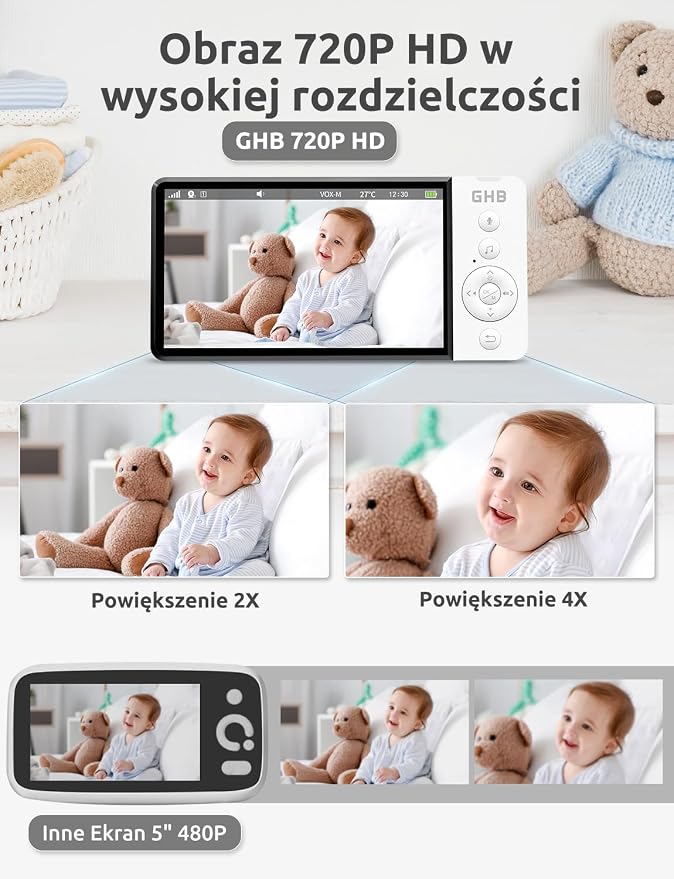 GHB Monitor dla Niemowląt z Kamerą Niania elektroniczna 5 Cali 720p - obrazek 4