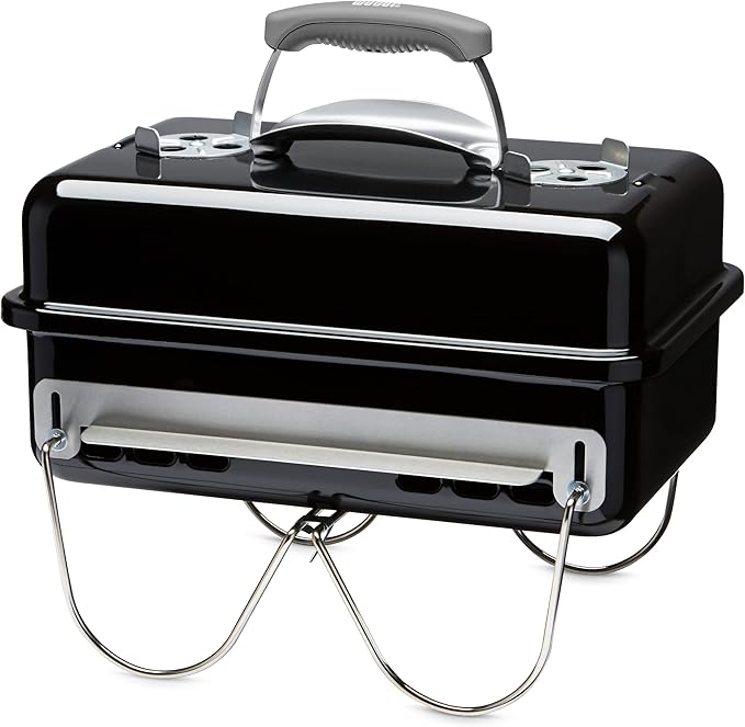 Weber Go-Anywhere Grill węglowy, powierzchnia grilla 42 x 26 cm, lekki przenośny grill BBQ, grill z emaliowaną misą i pokrywą, składane nóżki - Czarny (1131004)
