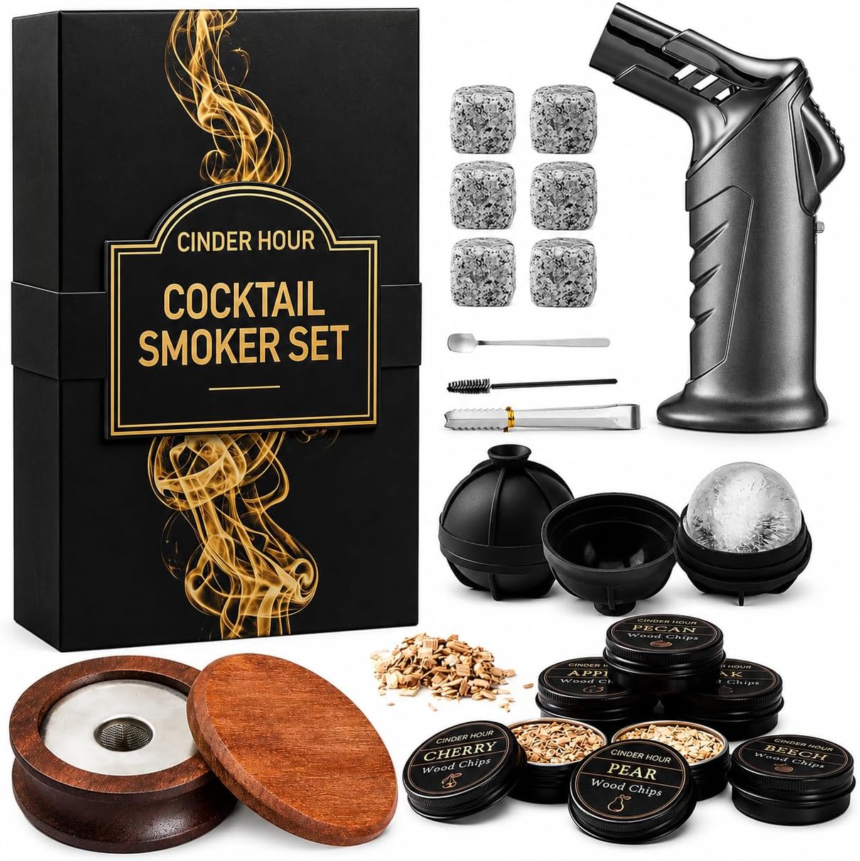 Whisky Smoker Set Cocktail Smoker Palnikiem 6 Kamieni 2 Formy Lodu - obrazek 2
