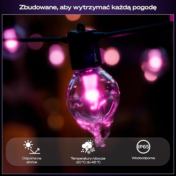 Lampki sznurkowe Philips Hue Festavia Globe na zewnątrz, białe i kolorowe, 14 m, 20 żarówek, ściemniane, sterowane aplikacją Hue, współpracujące z Alexa, Google Asystentem i Apple Home. - obrazek 7
