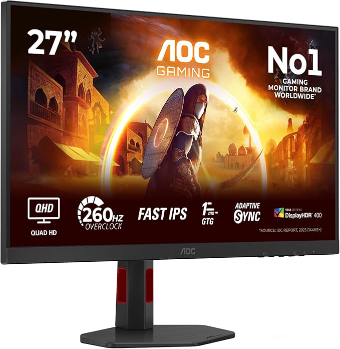 AOC Gaming Q27G4ZR - 27-calowy monitor Quad HD, 240 Hz, 1 ms, G-Sync, HDR400 (2560 x 1440, 2 x HDMI 2.0, DisplayPort 1.4) czarno-czerwony