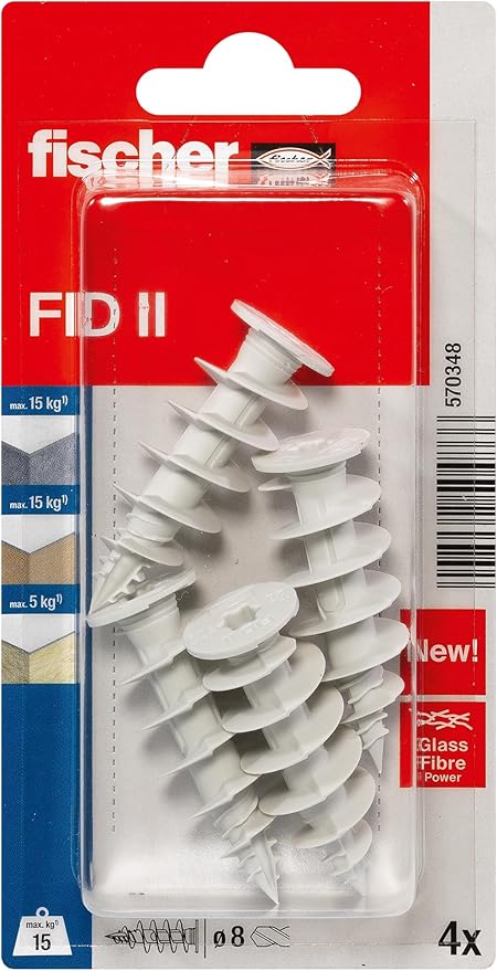 fischer Kołek do izolacji FID II, kołki z tworzywa sztucznego do mocowania lekkich przedmiotów w materiałach izolacyjnych, uniwersalne zastosowanie, bez wstępnego wiercenia, 4 szt.
