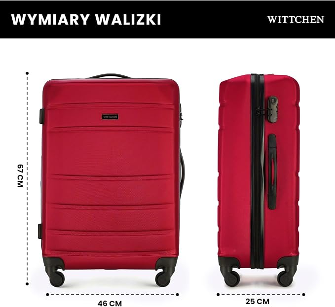 WITTCHEN GLOBE Line Średnia walizka Bagaż podróżny Lekka walizka Twardy bagaż ABS 4 kółka Zamek szyfrowy Uchwyt teleskopowy Rozmiar M Czerwony - obrazek 3