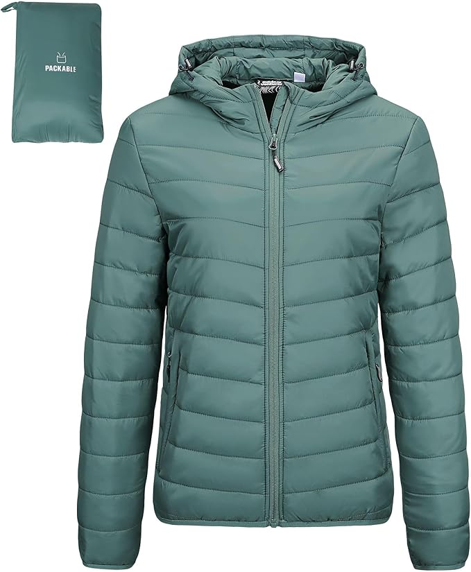 Outdoor Ventures Damska kurtka pikowana, lekka, pakowana, przejściowa, ciepła kurtka zimowa z kapturem, dla kobiet, z podszewką, kurtka buforowa z kieszeniami, na czas wolny, wędrówki, podróże