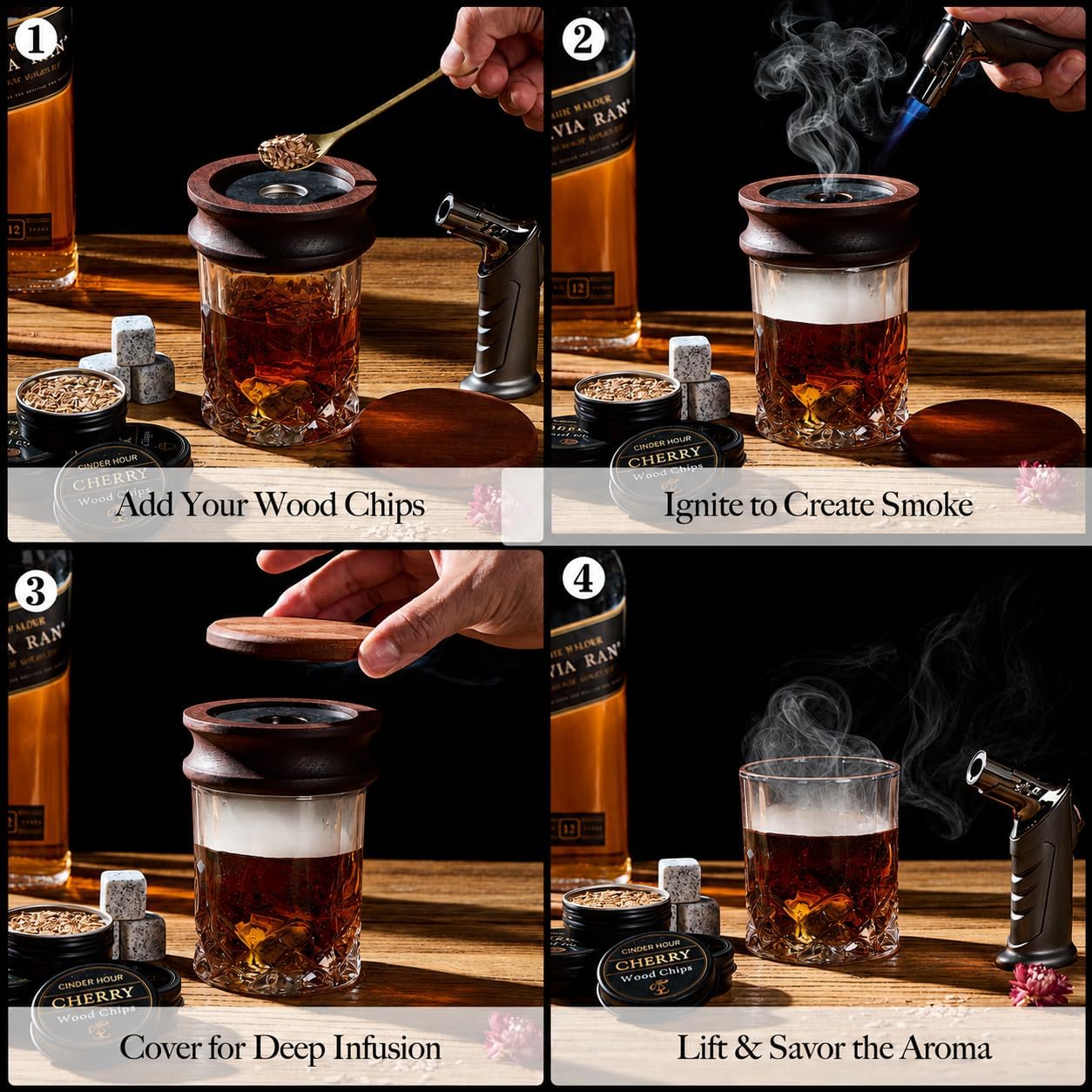 Whisky Smoker Set Cocktail Smoker Palnikiem 6 Kamieni 2 Formy Lodu - obrazek 5