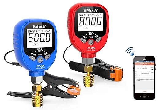 Elitech Bezprzewodowy zestaw manometrów cyfrowych PT-500/800Pro, 2-zaworowe manometry HVAC z 2 zaciskami temperatury do automatycznego przegrzania i przechłodzenia, rejestracja danych, gotowy do R4