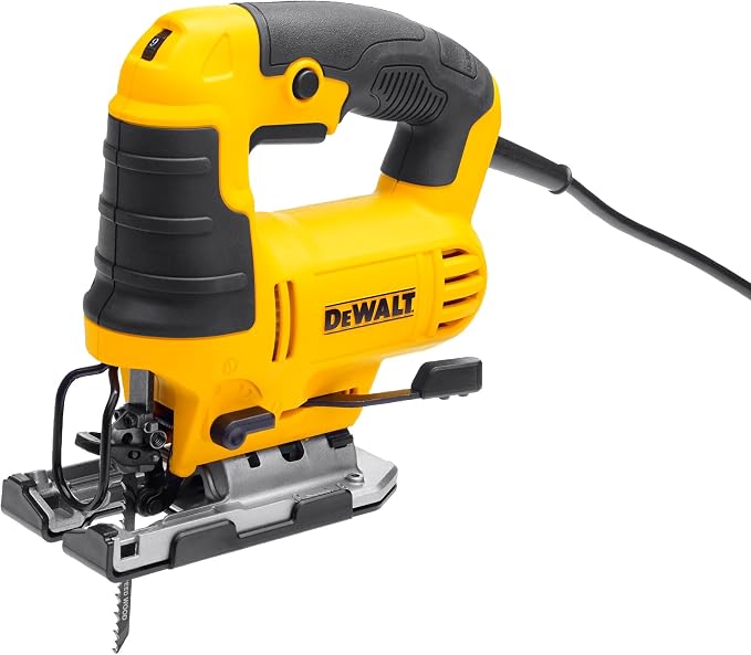 Dewalt Wyrzynarka wahadłowa 650 W DWE349 (3-krotny skok wahadłowy, z dmuchawą, wytrzymały aluminiowy but do piły, regulowany kąt nachylenia bez użycia narzędzi, w zestawie nakładka ochronna na but