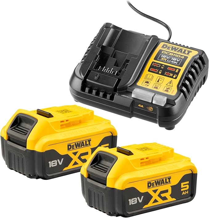 Dewalt DCB1104P2 zestaw startowy do akumulatora 18 V / 5,0 Ah (składający się z 2 akumulatorów (DCB184-XJ) i 1 x systemowej szybkiej ładowarki (DCB1104-QW), ze wskaźnikiem stanu naładowania, pasuje do
