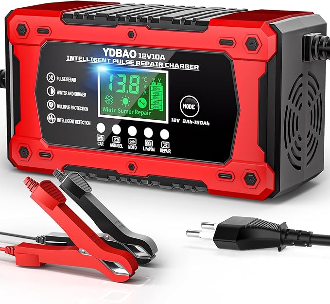 Ładowarka do akumulatorów samochodowych 10A 12V LiFePO4 AGM GEL WET SLA | Inteligentna z funkcją naprawy, wyświetlaczem LCD i wielopoziomową ochroną do samochodów, motocykli i ciężarówek