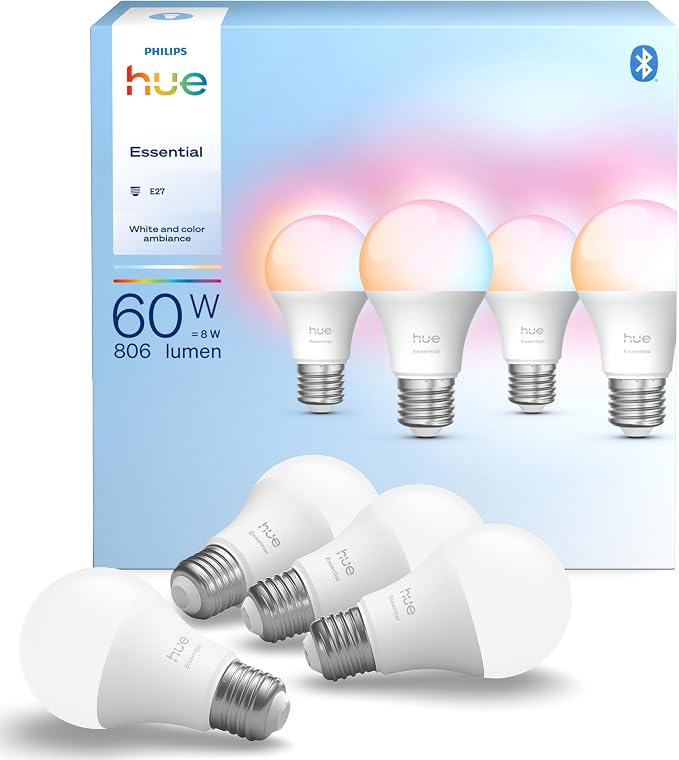 Żarówka Philips Hue Essential Smart LED A60, White and Color Ambiance, podstawa E27, 8 W, 2200K–6500K, 806 lumenów, przyciemnianie, działa z Alexą, Asystentem Google i Apple Home, 4 op.