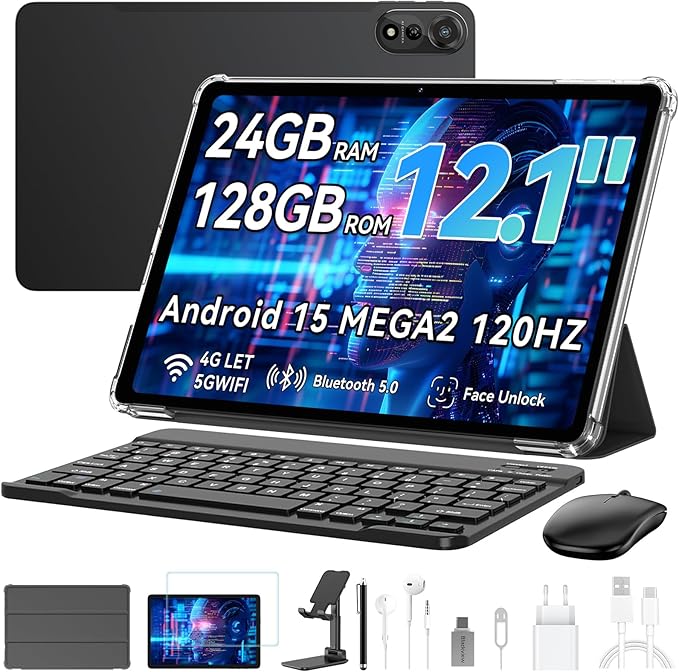 Blackview Mega2 Tablet 12-calowy Android 15 tabletów, 24 GB RAM + 128 GB ROM, tablet do gier 120 Hz 2K FHD z klawiaturą, myszą, rysikiem, słuchawkami, 4G LTE+5G, WiFi, 9000 mAh, WideVine L1, szary