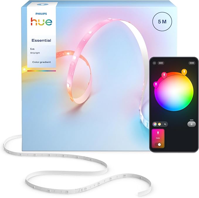 Hue Essential 5-Metrowa LED Taśma LED, RGBIC, Żywe Kolory i Nastrój, Elastyczne Oświetlenie Wewnętrzne, Łatwy Montaż, Aplikacja i Kontrola Głosowa, Alexa, Google Assistant i Apple Home