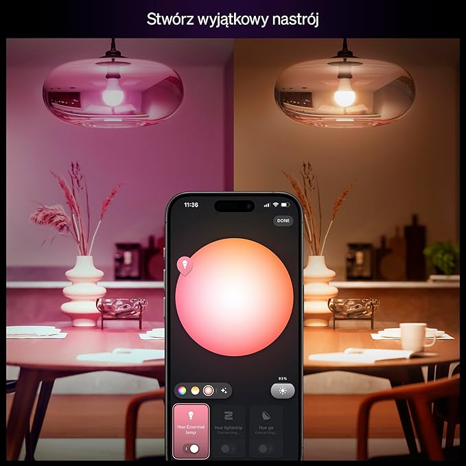 Żarówka Philips Hue Essential Smart LED A60, White and Color Ambiance, podstawa E27, 8 W, 2200K–6500K, 806 lumenów, przyciemnianie, działa z Alexą, Asystentem Google i Apple Home, 4 op. - obrazek 3