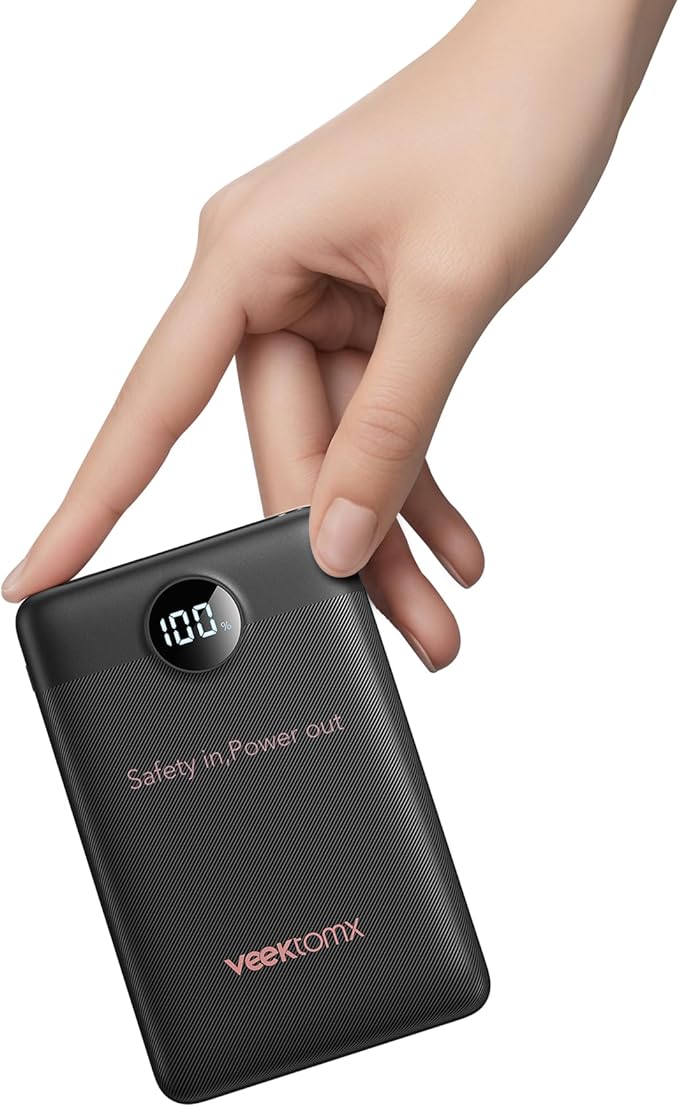 VEEKTOMX Mini Power Bank 10000mAh 22,5W Szybka Ładowarka USB-C | Ultra Cienki Kieszonkowy Design, do iPhone Samsung Android, Lekka Ładowarka do Podróży, Dojazdów i Biwakowania, Czarny