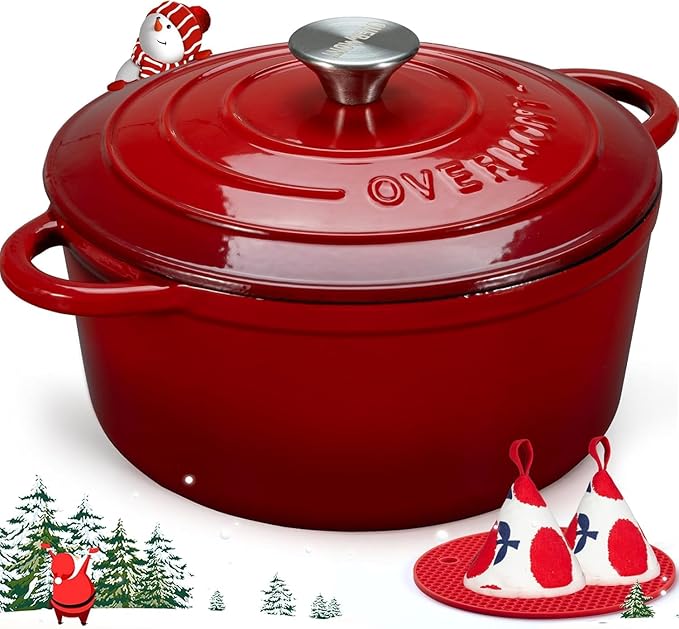 Overmont Gryta Garnek Żeliwny, Czerwony, 5 l