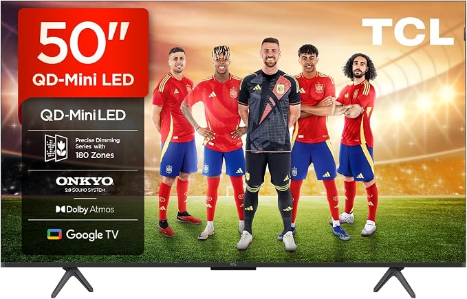 TCL 50Q6C QD-Mini LED TV, 4K HDR Premium 1000nits, Smart TV zasilany przez Google (Dolby Vision IQ i Atmos, Onkyo 2.1 Audio, Motion Clarity Pro 144 Hz, Game Master, sterowanie głosem bez użycia rąk)