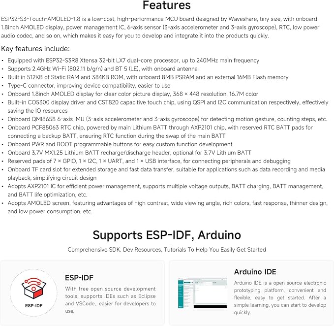 Waveshare ESP32-S3 1.8inch AMOLED Touch Display Development Board - obrazek 4