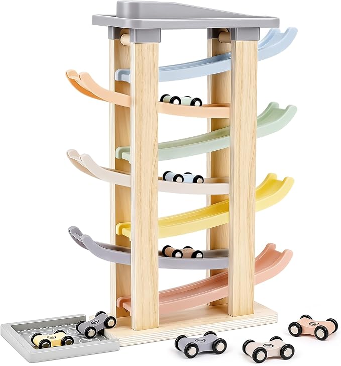 Joyreal Giochi Montessori 1 2 lata - samochód wyścigowy dla dzieci, drewniane gry dla dzieci z 8 mini zabawkami i garażem, prezent świąteczny dla chłopców i dziewczynek