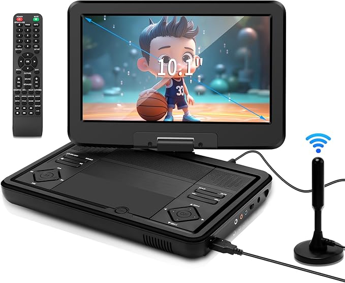 KCR Przenośny odtwarzacz DVD 10,1 cala, wbudowany telewizor DVB-T2 z obrotowym wyświetlaczem LED/USB/HDMI/AV, akumulatorem i dwoma głośnikami