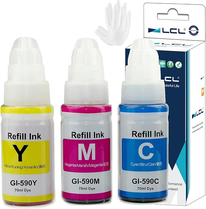 LCL Kompatybilna butelka z atramentem GI-490 GI-590 GI-590BK GI-590C GI-590M GI-590Y (3PK CMY Dye 70 ml) zamiennik dla Canon Pixma G1400 G1410 G2400 G2410 G3400 G4410 G4410 1 G15 00 G1510 G2500 G2510