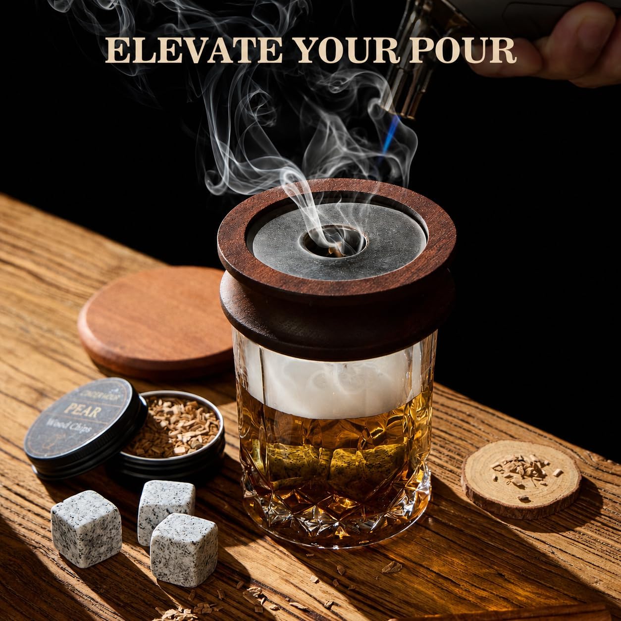 Whisky Smoker Set Cocktail Smoker Palnikiem 6 Kamieni 2 Formy Lodu - obrazek 4